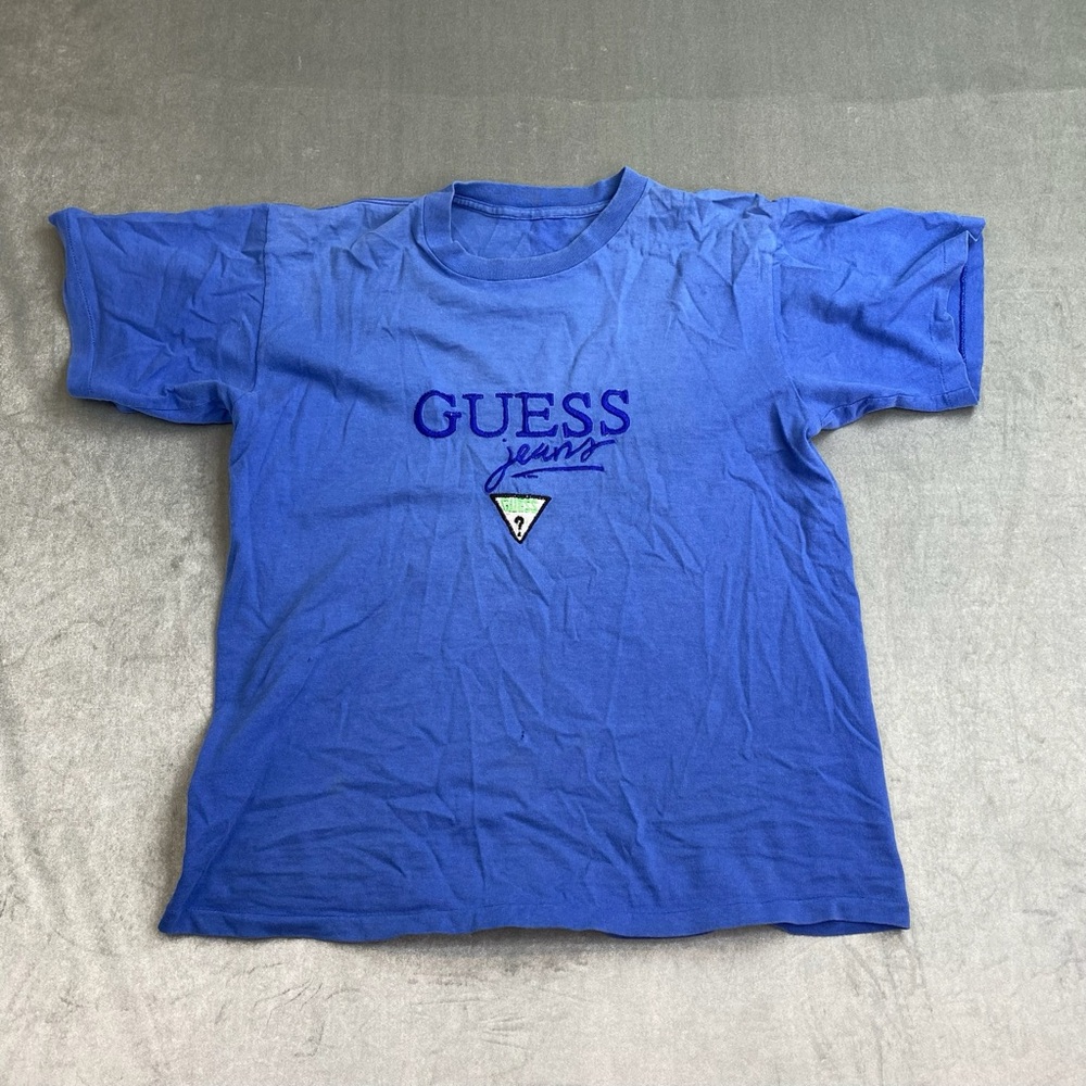VTG Guess Jeans Embroidered Logo T Shirt‎ Blue single stitch Mens Size M/L